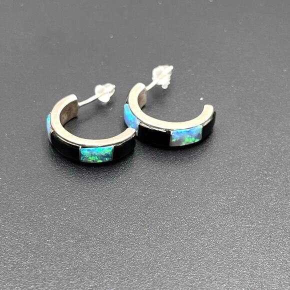 Vintage 925 Sterling Silver Hoop Fire Opal Black Onyx Gemstone Inlayed Earrings - Picture 1 of 8